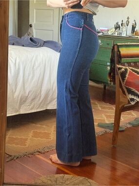 Vintage 70s RARE Chemin de Fer high-rise Jeans Pink Piping Wide Leg 29” Waist